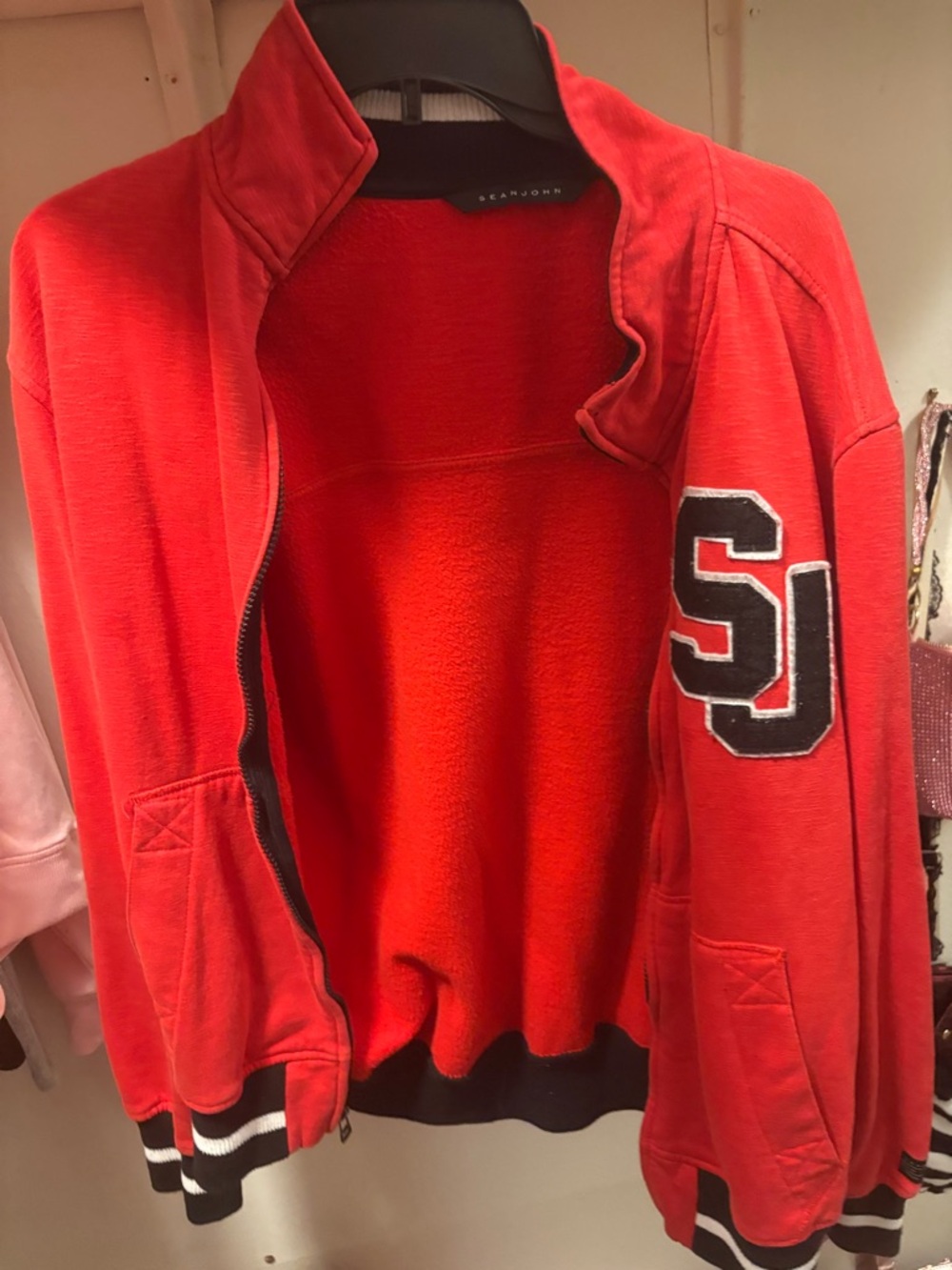 Sean John Red Varsity Zip Jacket with Black SI Patch